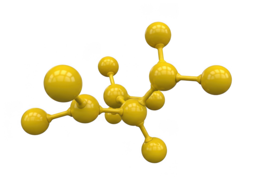 Abstract yellow molecular structure with connected spheres, isolated on transparent background