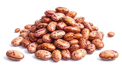 Close-up of a pile of speckled, dry beans on a white backdrop