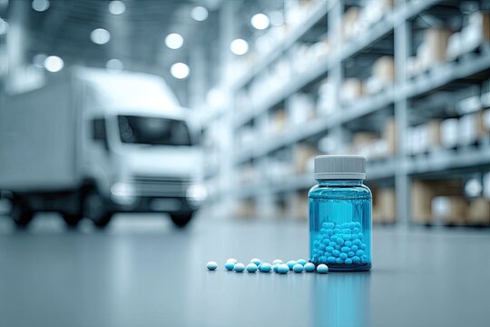 Pharmaceutical supply chain. A blue medicine bottle sits on a warehouse floor,  with scattered pills and a delivery truck in the background