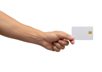 Hand holding a blank white credit card or debit card with a chip, isolated on transparent background