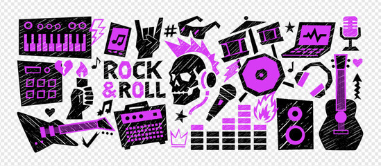 Crayon style punk doodle set with music, rock, fire and skeleton elements in rough emo texture. This hand-drawn music crayon illustration is perfect for stickers, posters or festival design.