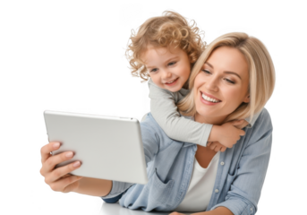 Happy mother and child taking a selfie with a tablet computer, isolated on transparent background