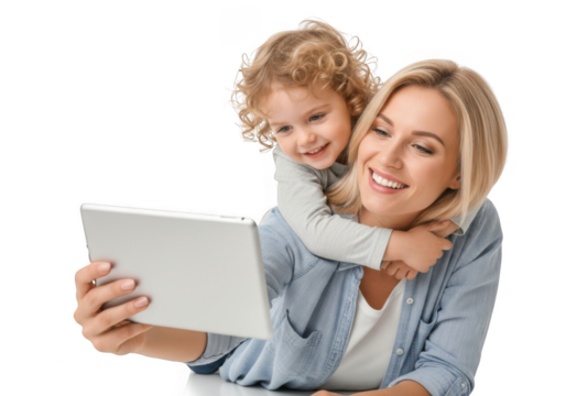 Happy mother and child taking a selfie with a tablet computer, isolated on transparent background