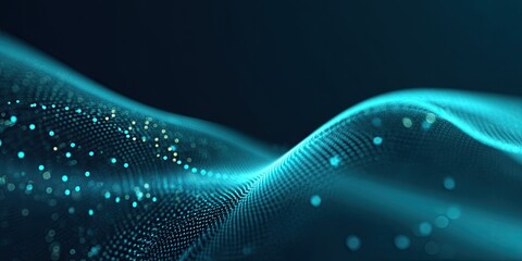 Abstract digital wave of turquoise particles with subtle golden highlights