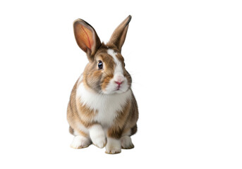Fluffy young adult brown domestic rabbit with white markings, perked ears, paw raised, in a professional studio on a transparent background with a green sprig, serene product concept