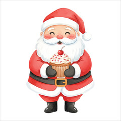 Watercolor Santa holding cupcake, sweet dessert Christmas vector illustration on white background
