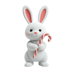 Fototapeta premium Fluffy White Bunny Holding Red and White Striped Candy Cane