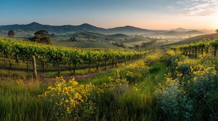 Vineyard at sunrise, rolling hills, misty mountains