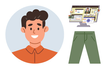 Headshot of cheerful man, green trousers, and desktop monitor with screen of profiles, charts, and tools. Ideal for design, technology, efficiency, user interface identity lifestyle teamwork