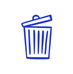 hand-drawn blue trash can icon with thick outline and open lid, representing deletion, recycling, disposal, waste management, and office supplies.