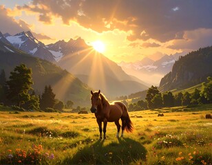A majestic horse stands in a lush meadow, bathed in the golden light of a setting sun. Majestic mountains form a breathtaking background