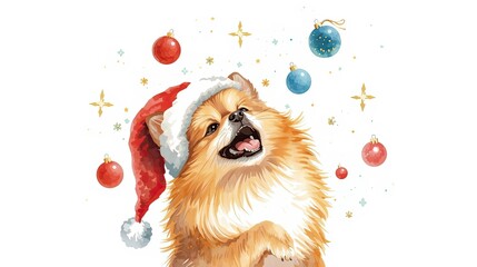 Cheerful pomeranian dog in santa hat christmas celebration digital art festive atmosphere front view joyful concept