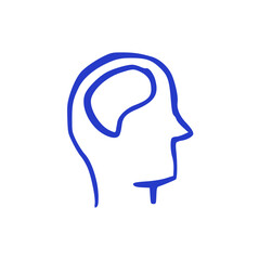 Hand Drawn Head Profile with Brain Doodle Icon: Simple Blue Sketch Vector Illustration of Mind, Idea Generation, Thinking Process, Intelligence, and Mental Health