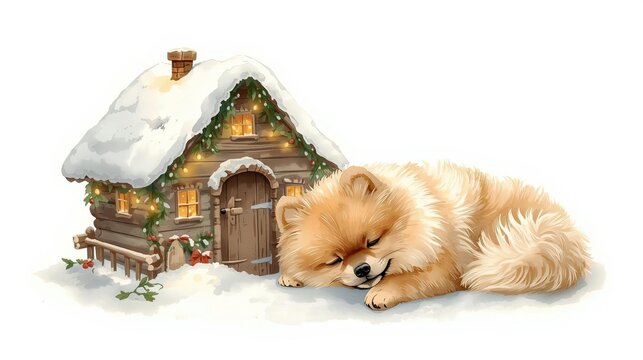 Cozy winter scene with sleeping pomeranian dog beside snowy cottage holiday decor serene environment warm atmosphere