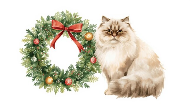 Festive cat with christmas wreath holiday decor illustration cheerful environment close-up view whimsical concept