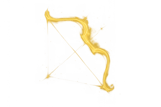 Golden glowing magic bow, symbol of power, fantasy game element with ethereal light energy and transparent background