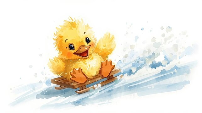 Playful duckling sledding on water cheerful scene animated illustration bright colors fun concept