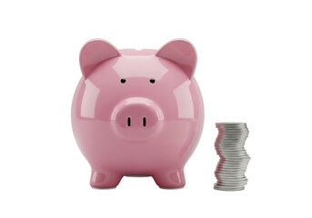 Glossy pink ceramic pig-shaped piggy bank with black button eyes, upturned snout, coin slot, with silver coins, on a transparent background. Concept of financial prudence