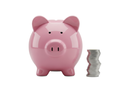 Glossy pink ceramic pig-shaped piggy bank with black button eyes, upturned snout, coin slot, with silver coins, on a transparent background. Concept of financial prudence - Powered by Adobe