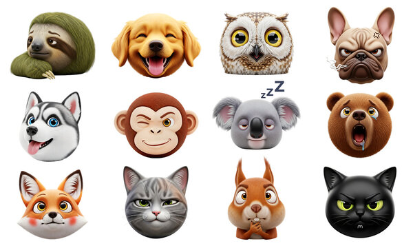 3D animal emoji icon set. Collection of cute cartoon animal faces and characters with various emotions, isolated on a transparent background. png