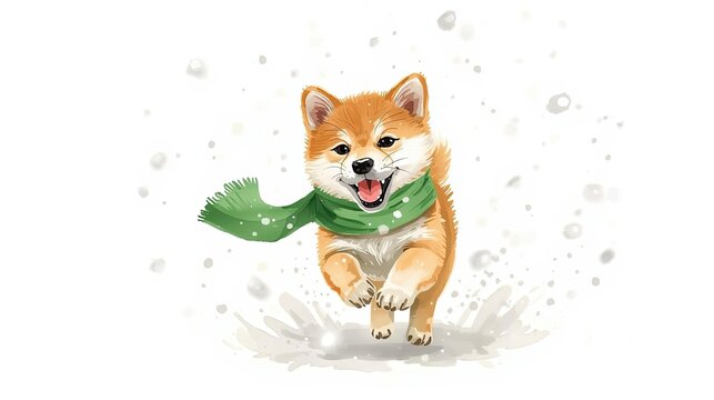 Playful shiba inu dog running in snow winter wonderland digital art cheerful environment close-up view joyful concept