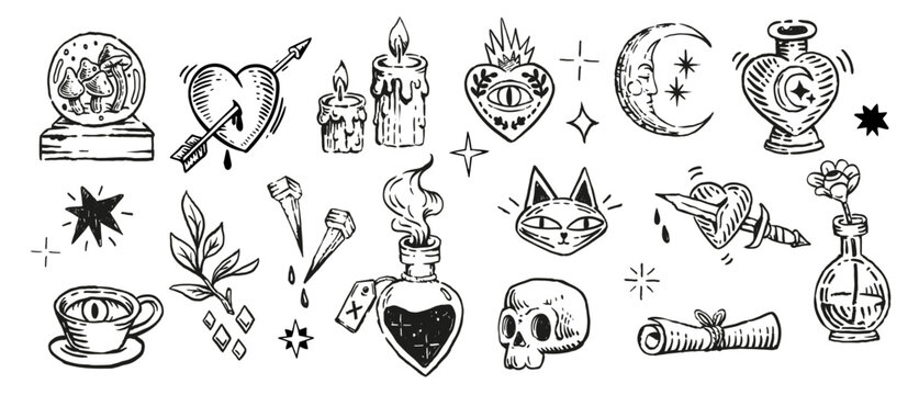 Doodle tattoo-style illustrations. Mystical vintage set of hand-drawn. Hearts, moon, candles, cat, skull, and potion bottles in engraving style. Magic, witchcraft, and occult aesthetic.