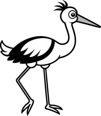 A cartoon stork, centered and in profile, strides purposefully from left to right. The stork is illustrated in black and white, featuring a long, pointed beak and large, expressive eyes. It carries a 