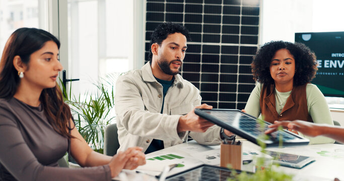 Business, team and proposal of solar panel development in office for renewable energy, initiative or EPC. Pitch, people or meeting with prototype at work for photovoltaic power production or planning