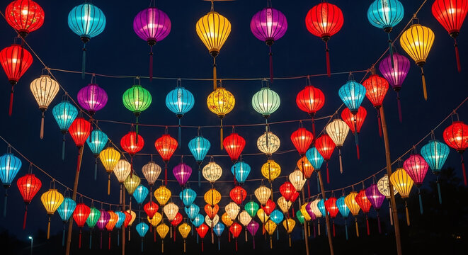 Colorful lanterns illuminate the night sky in a vibrant display of light and culture