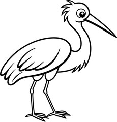 Obraz premium A cartoon stork, centered and in profile, strides purposefully from left to right. The stork is illustrated in black and white, featuring a long, pointed beak and large, expressive eyes. It carries a 