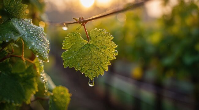 Dew-kissed grape leaf at dawn