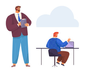 Professional holding clipboard stands near seated coworker using laptop with cloud backdrop. Ideal for teamwork, productivity, management, collaboration, remote work, analysis, leadership. Simple