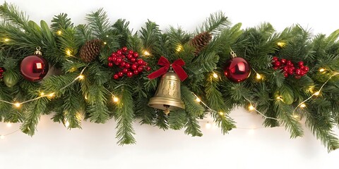 Festive christmas garland adorned with shiny red ornaments golden bells pinecones and twinkling fairy lights on a white background perfect for holiday decor