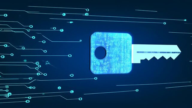 A digital key with circuit elements on a dark blue background
