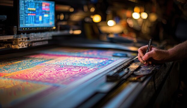Close-up of a person meticulously drawing on a large, colorful, digitally-aided fabric design.  A computer monitor displays data