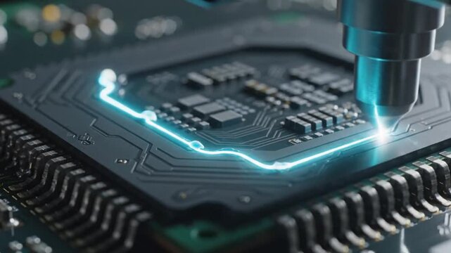 Advanced microelectronics manufacturing process where a glowing laser etches an intricate circuit onto a computer processor