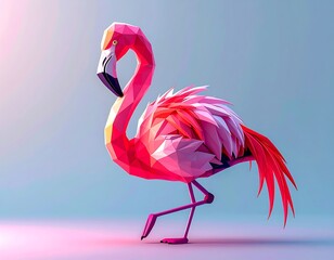 Low-poly art depicts a flamingo with a geometric, faceted appearance. Vibrant pink and red hues bring the bird to life