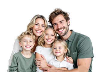 Smiling Caucasian Parents Hugging Three Kids on White Background Transparent