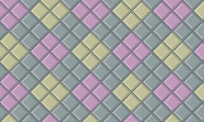 Pixel art diamond pattern in shades of dusty rose/pink, pale olive/yellow, and slate/grey-blue, retro or vintage geometric background. for fabric, wallpaper, digital design, background, card template
