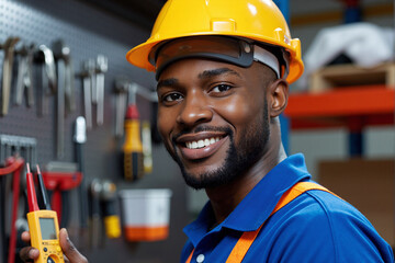 happy and skilled Black male worker in a yellow hard hat and blue uniform, smiling confidently in a workshop with tools on the wall