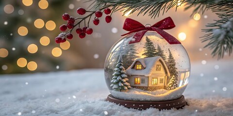 Enchanting christmas snow globe with a cozy illuminated village scene and festive red bow set against a bokeh background of twinkling lights