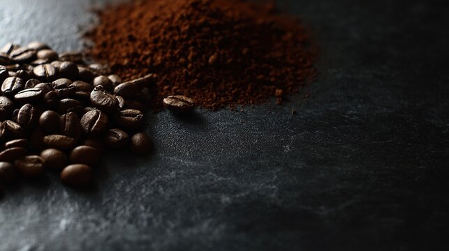 Coffee beans and ground coffee, roasted, on a dark slate surface, close-up with dramatic lighting, copy space.