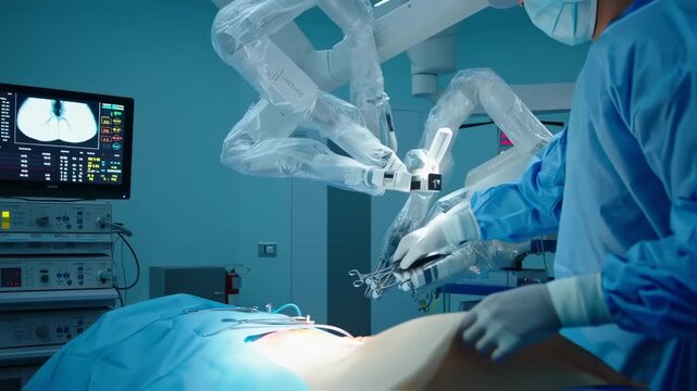 Surgical scene with a robotic arm, patient, surgeon, and monitoring equipment
