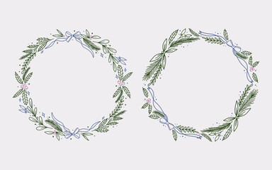 Christmas wreath border frame line art style with branches, winter floral. ribbon bow element. Minimalist vintage frame perfect for card, cover, greeting or cover.