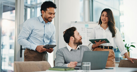 Laptop, group and business people with discussion, meeting or insurance proposal in office. Tech,...