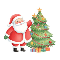 Watercolor Santa decorating Christmas tree with ornaments, cheerful festive vector illustration on white background
