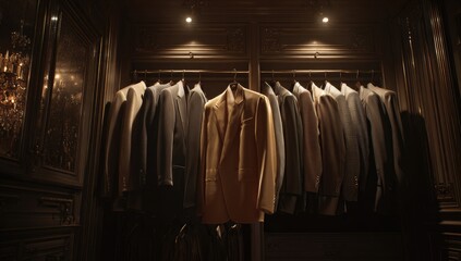 Dark, ornate closet lined with suits