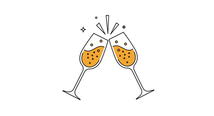 Two champagne glasses clink together with sparkles