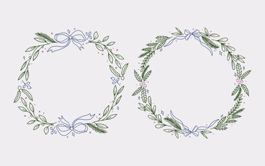 Christmas wreath border frame line art style with branches, winter floral. ribbon bow element. Minimalist vintage frame perfect for card, cover, greeting or cover.
