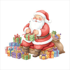 Watercolor Santa wrapping Christmas gifts, surrounded by colorful presents, festive vector on white background
